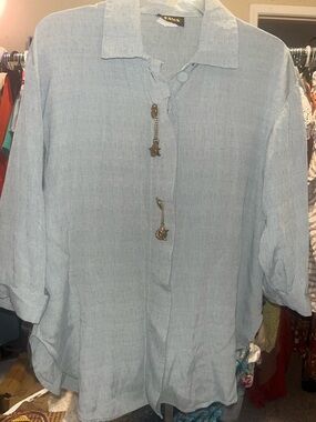 Light Blue Linen-Blend Button Front Blouse